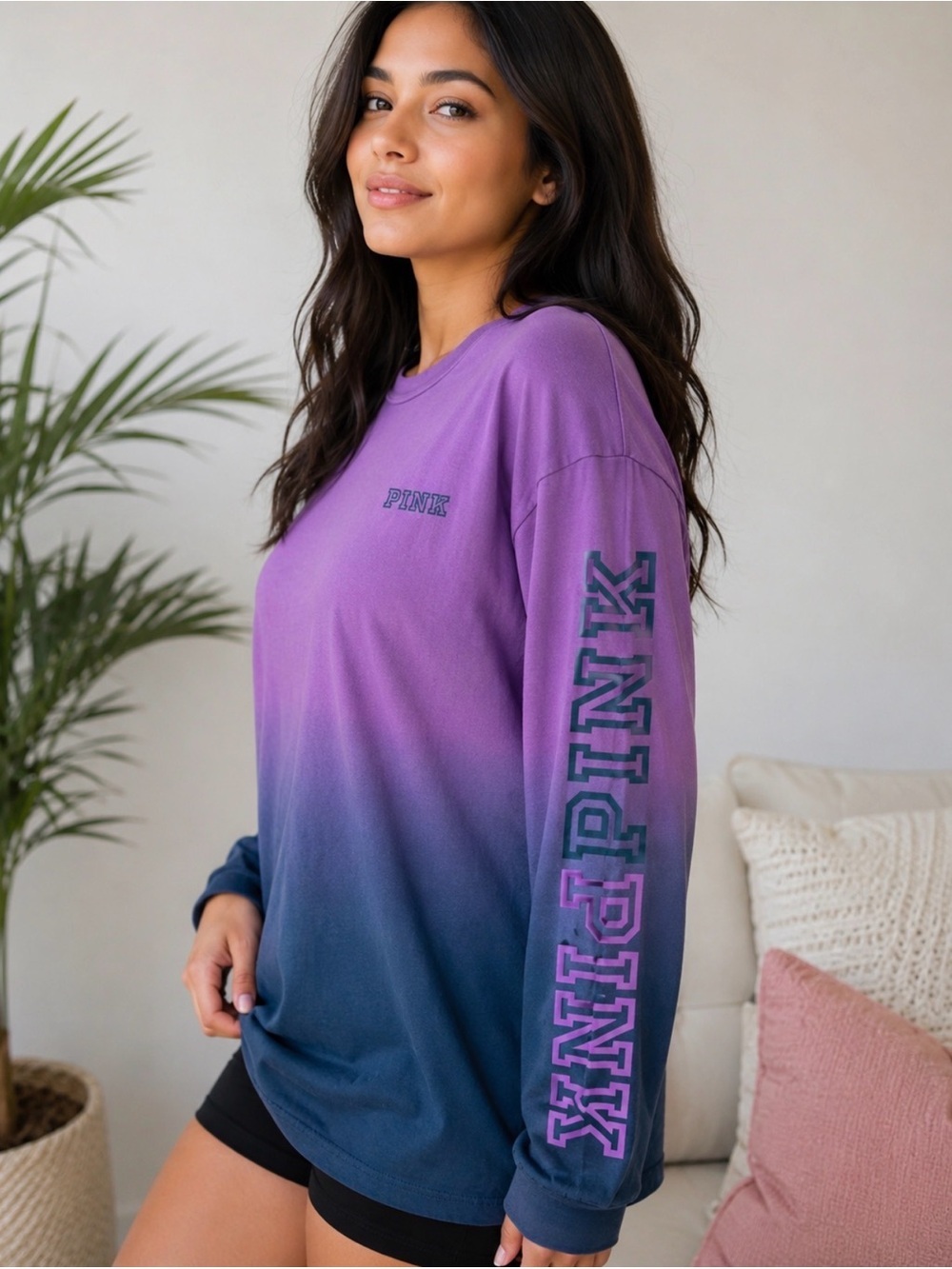 Victoria's Secret Pink Ombre Dip Dye Campus Tee Shirt Amethyst Oversized N0471